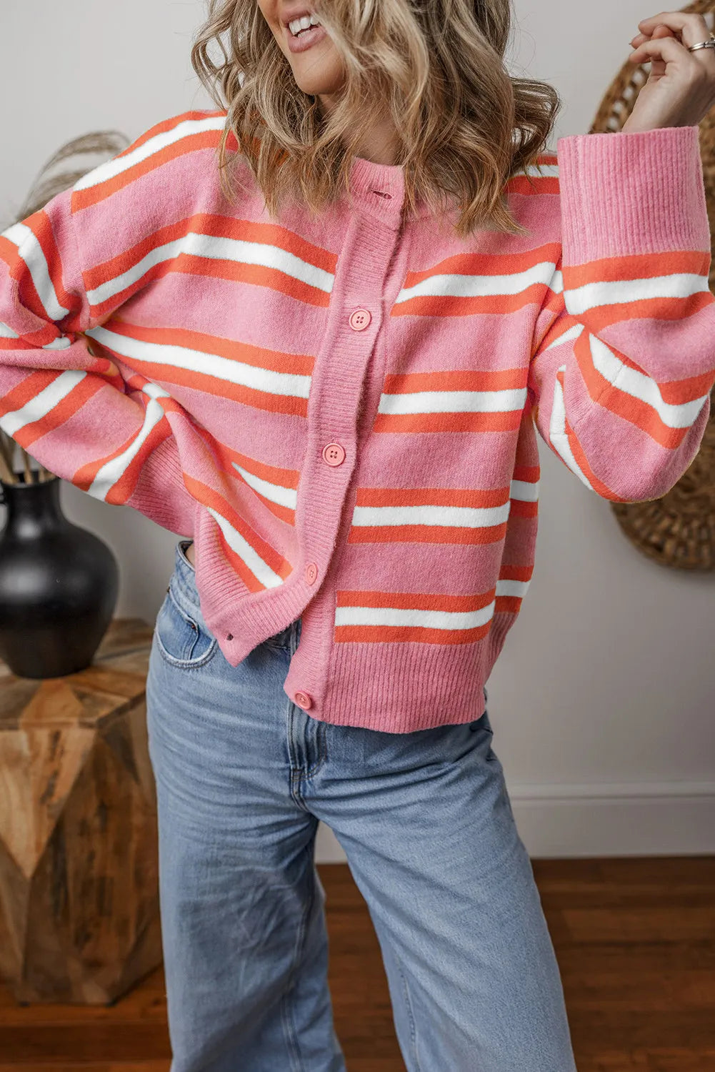 Striped Button Up Long Sleeve Cardigan - ships from supplier in approximately 10 business days