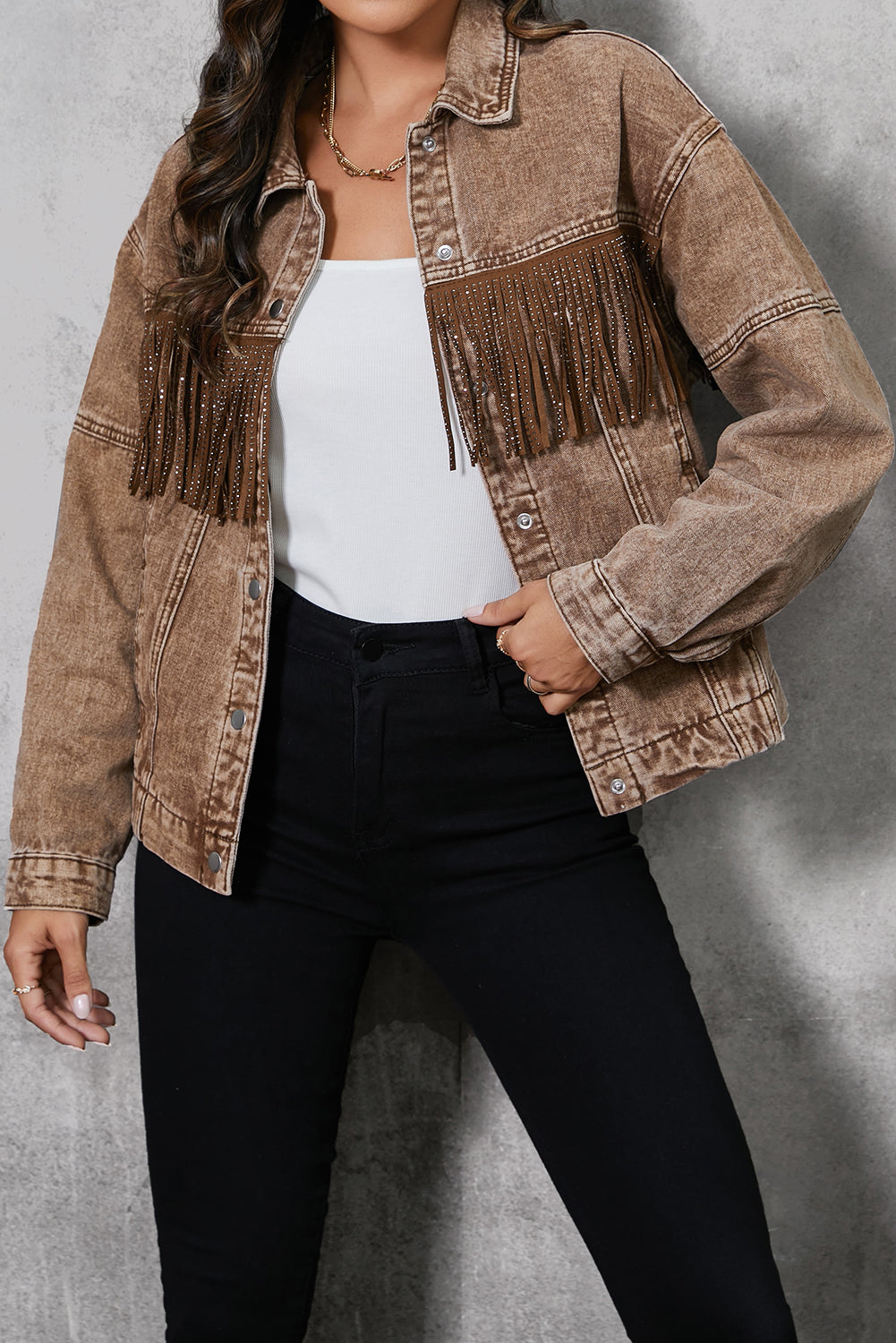 Fringe Trim Snap Down Denim Jacket - ships from supplier in approximately 10 business days