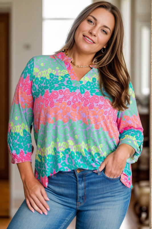 Plus Size Leopard Notched Long Sleeve Blouse - ships from supplier in approximately 10 business days