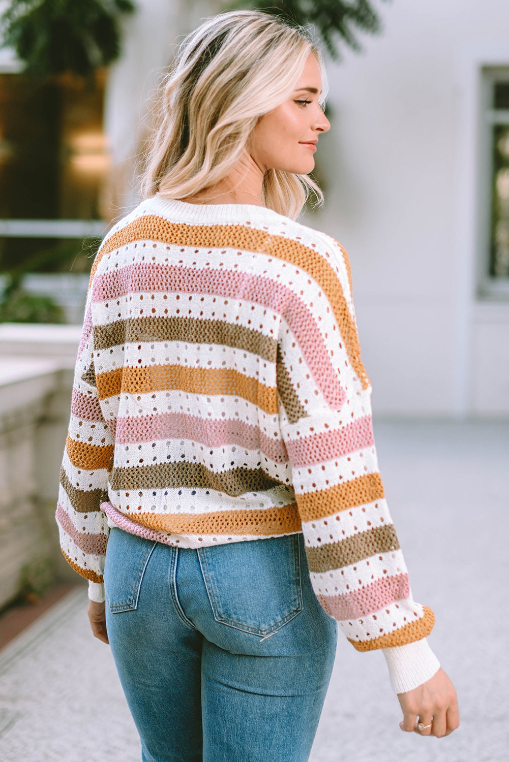 Openwork Striped Round Neck Long Sleeve Knit Top - ships from supplier in approximately 10 business days