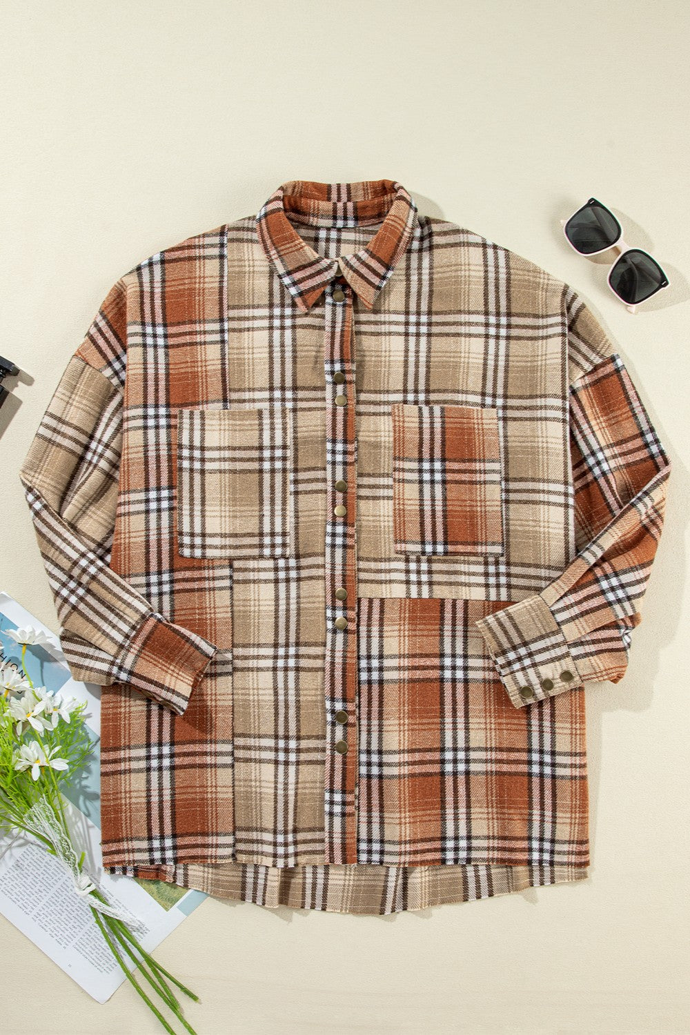 Plaid Snap Down Dropped Shoulder Shacket - ships from supplier in approximately 10 business days