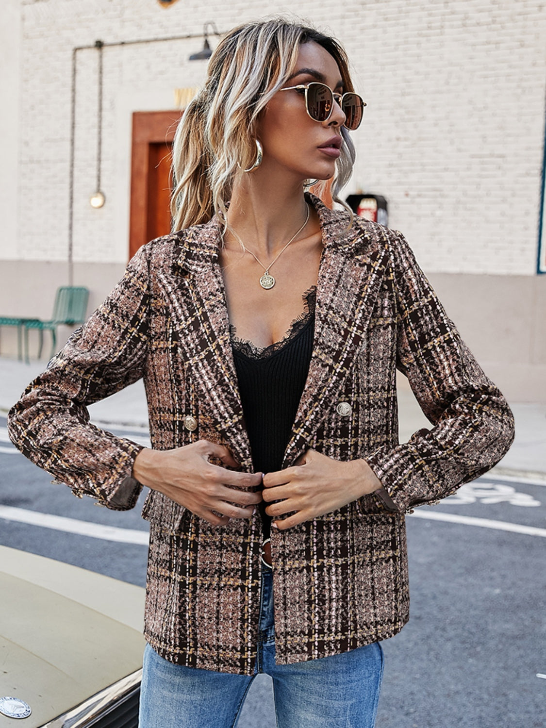 Full Size Plaid Lapel Collar Blazer - ships from supplier in approximately 10 business days