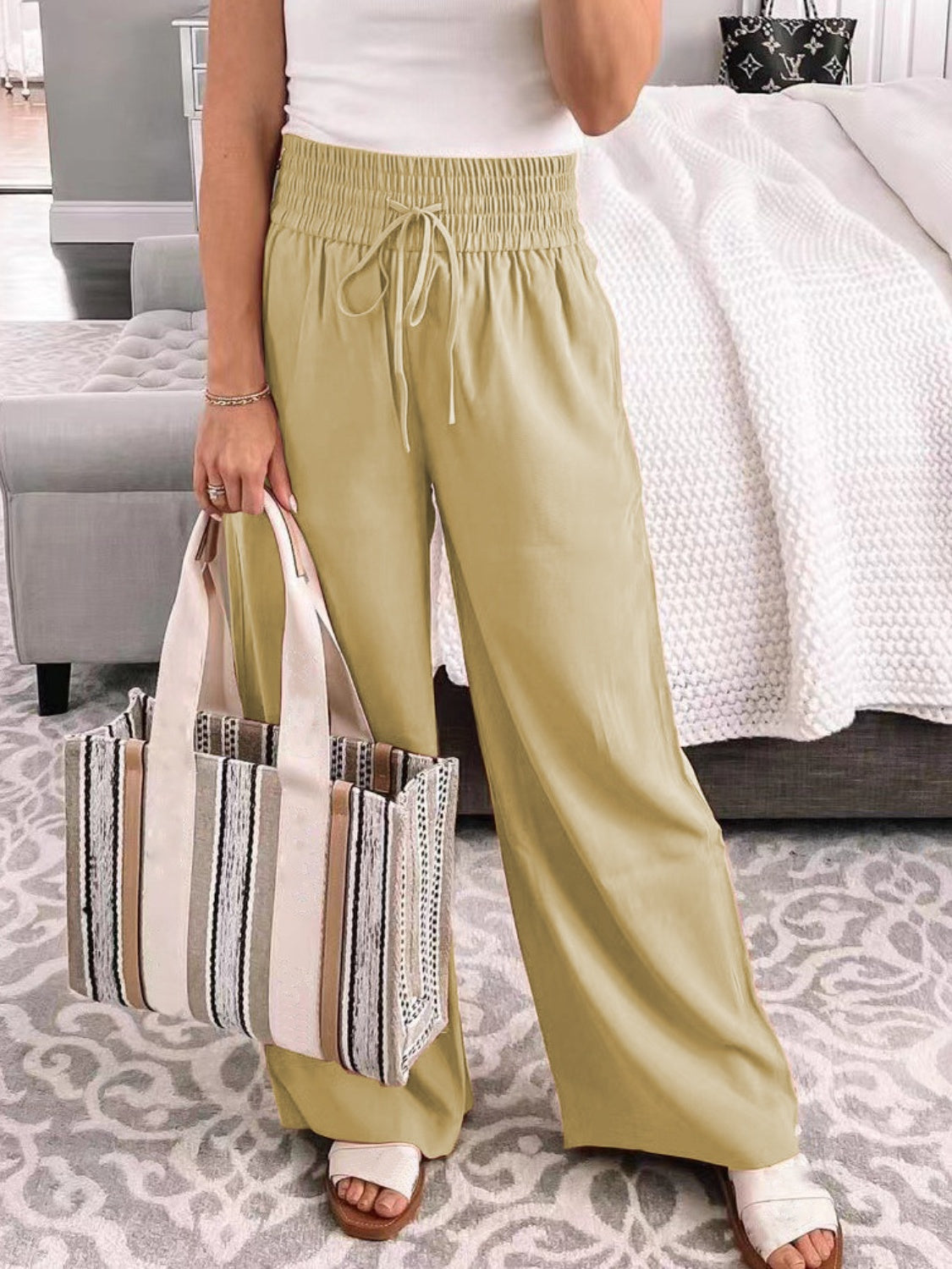 Full Size Drawstring High Waist Wide Leg Pants - ships from supplier in approximately 10 business days