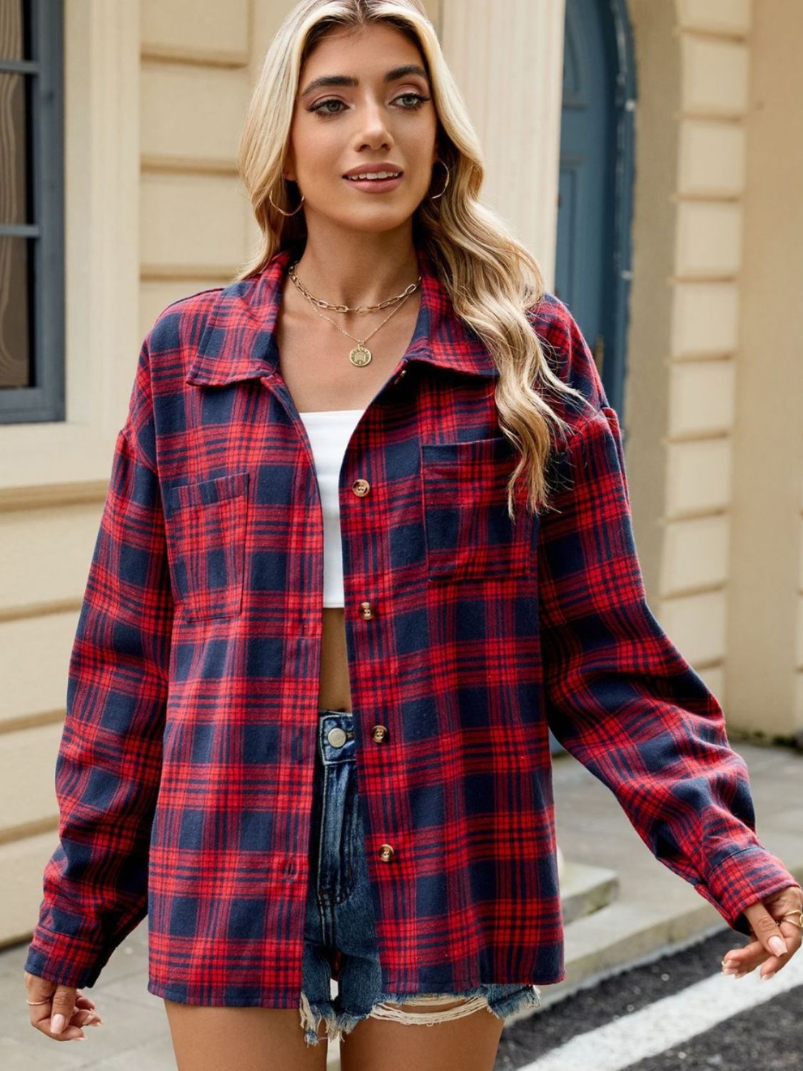 Plaid Collared Neck Long Sleeve Shirt