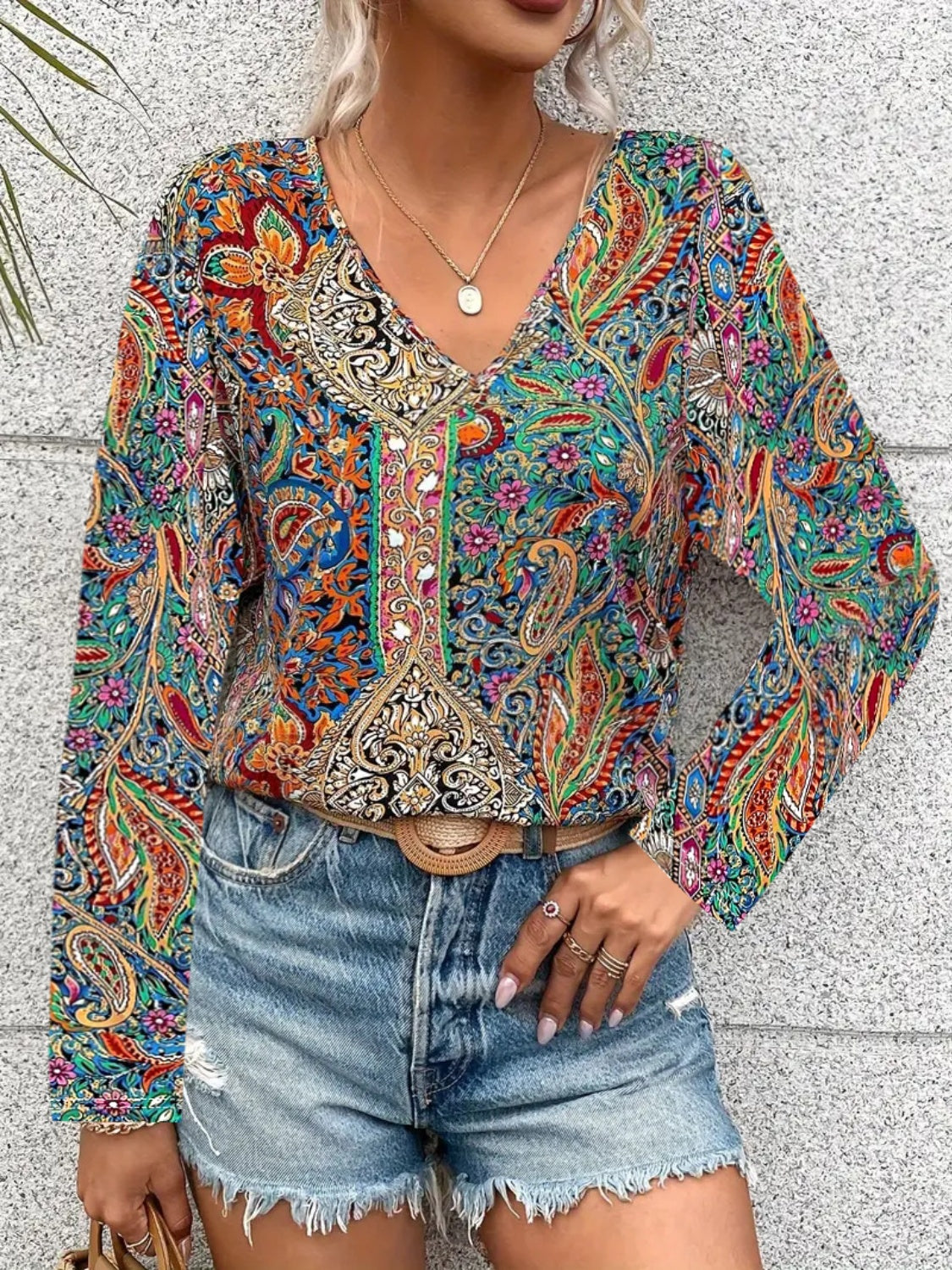 Printed V-Neck Long Sleeve Blouse - ships from supplier in approximately 10 business days