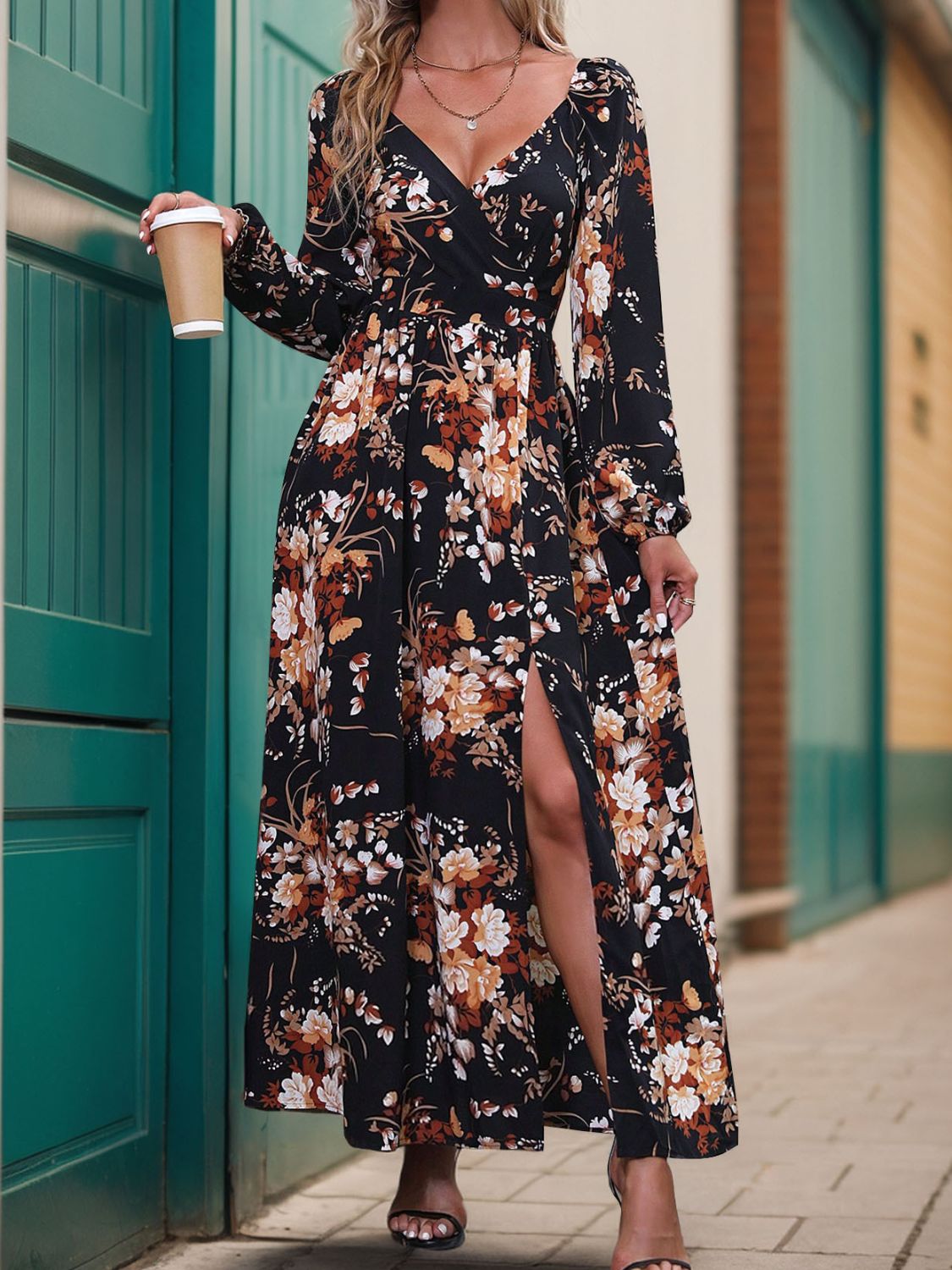 Slit Printed Surplice Long Sleeve Maxi Dress - ships from supplier in approximately 10 business days