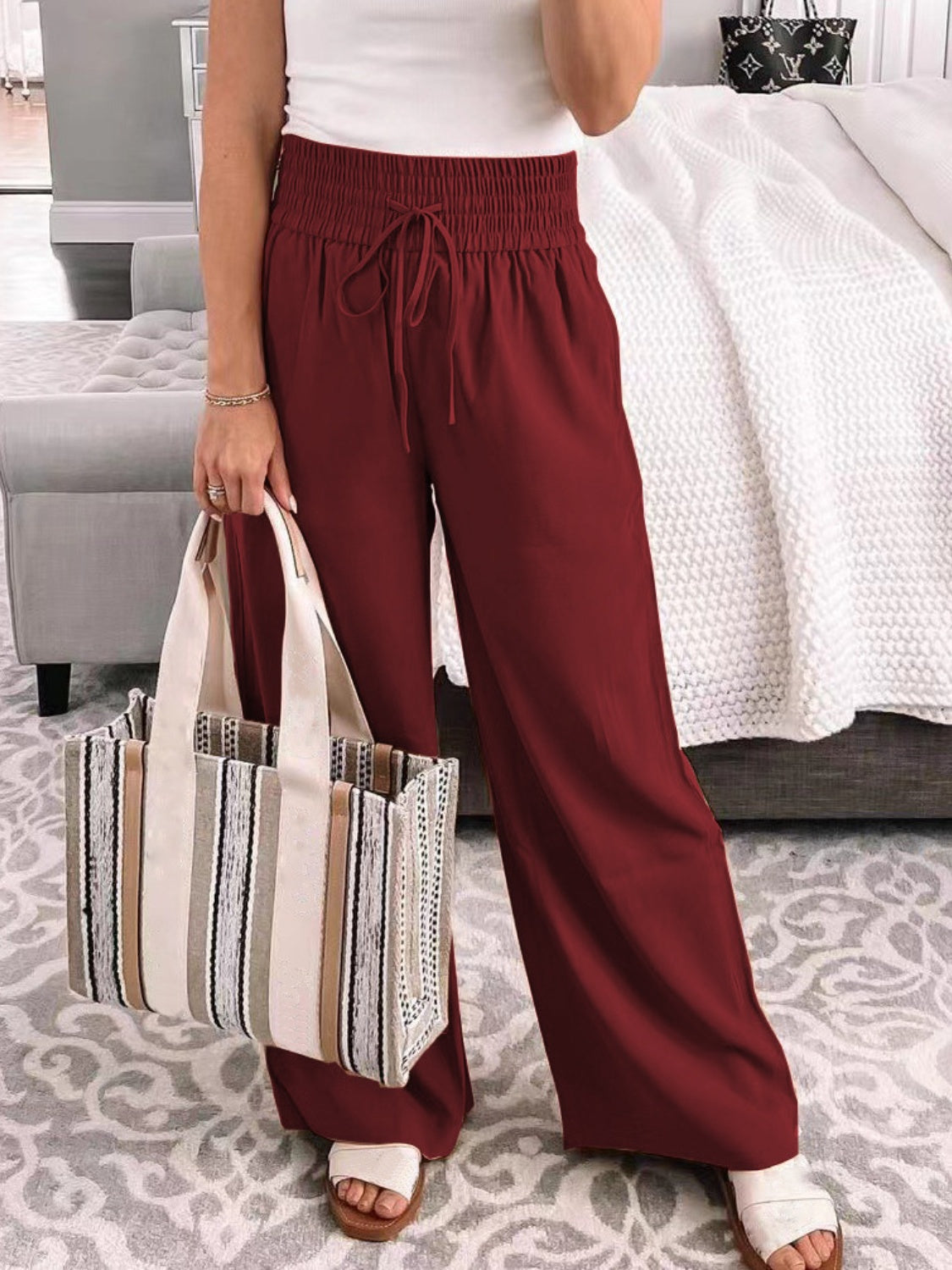 Full Size Drawstring High Waist Wide Leg Pants - ships from supplier in approximately 10 business days