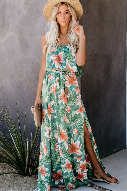 Slit Tropical Sleeveless Tube Dress - ships from supplier in approximately 10 business days