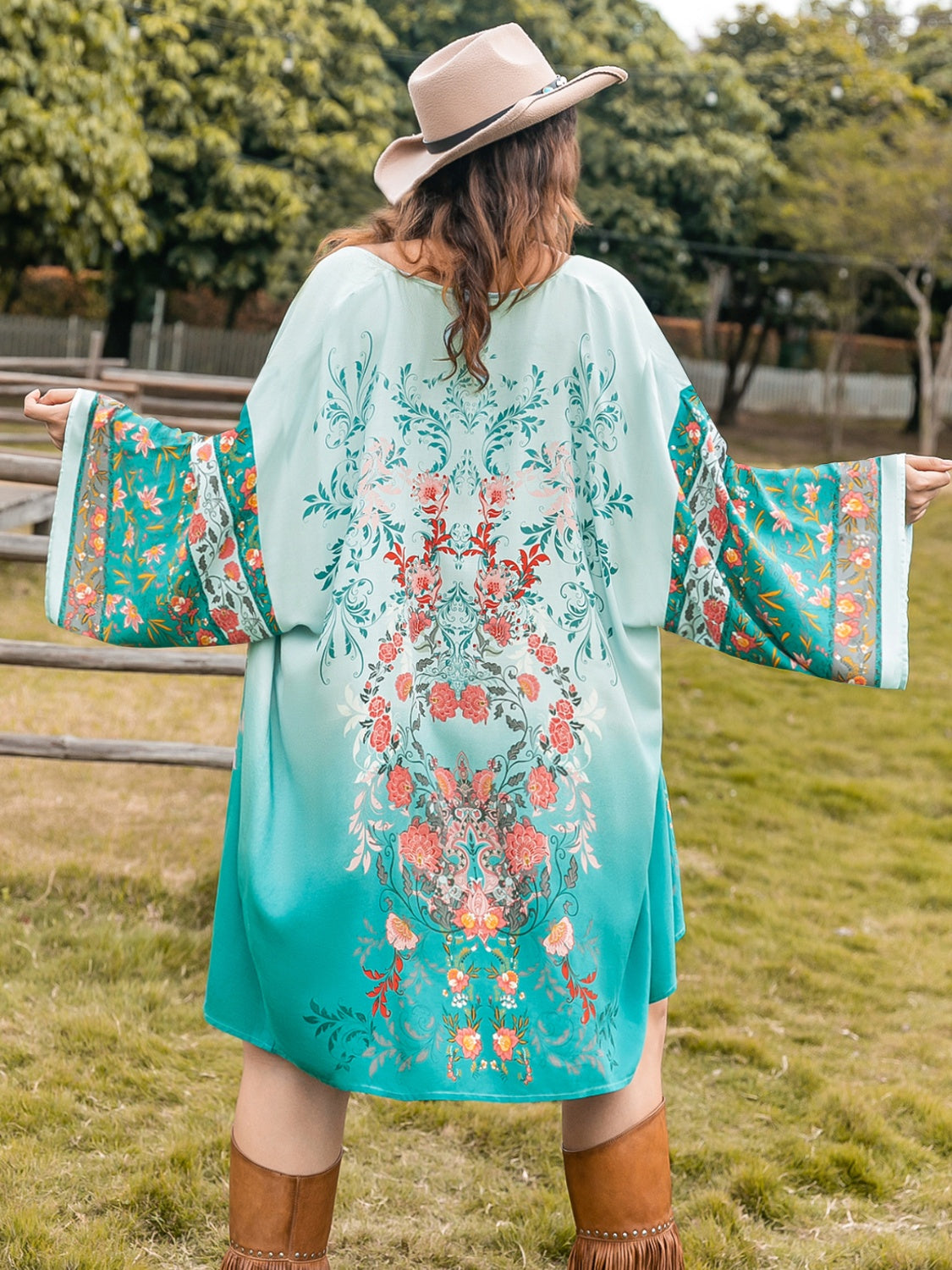 Plus Size Printed Open Front Long Sleeve Cover Up - ships from supplier in approximately 10 business days