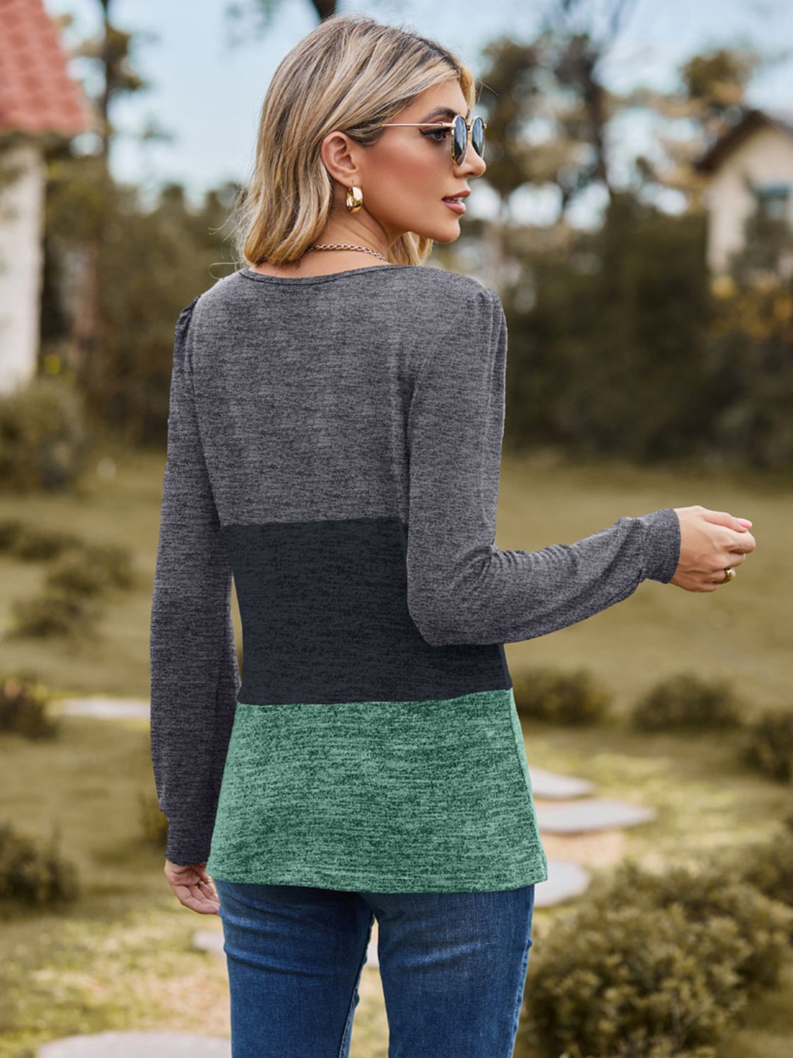 Color Block Square Neck Long Sleeve Top