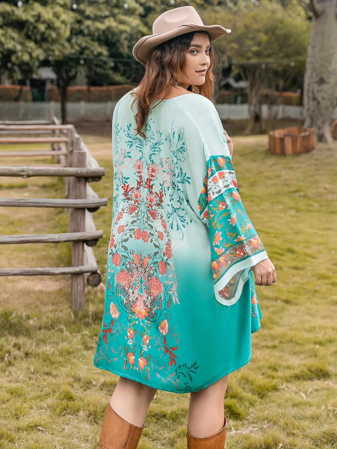 Plus Size Printed Open Front Long Sleeve Cover Up - ships from supplier in approximately 10 business days