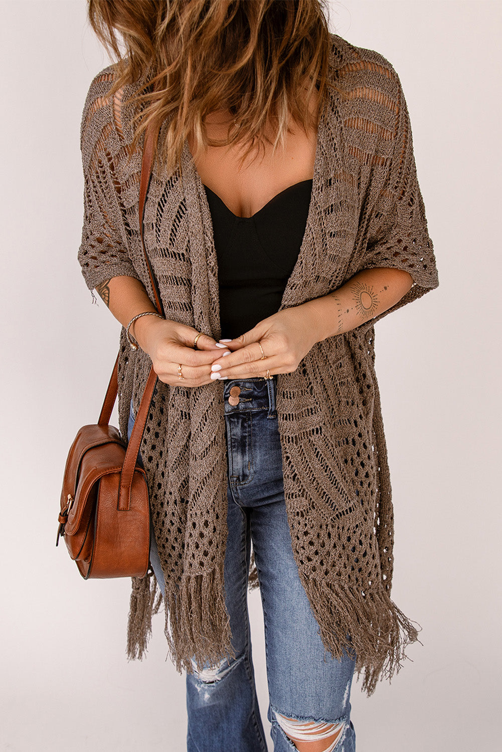 Fringe Hem Slit Open Front Cardigan - ships from supplier in approximately 10 business days