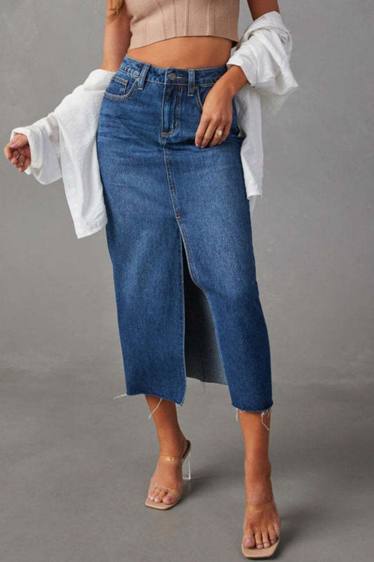 Slit Raw Hem Midi Denim Skirt - ships from supplier in approximately 10 business days