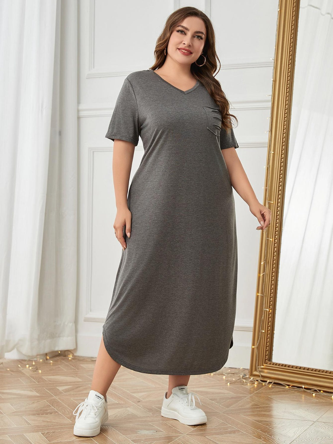 Plus Size Pocketed V-Neck Short Sleeve Lounge Dress - ships from supplier in approximately 10 business days