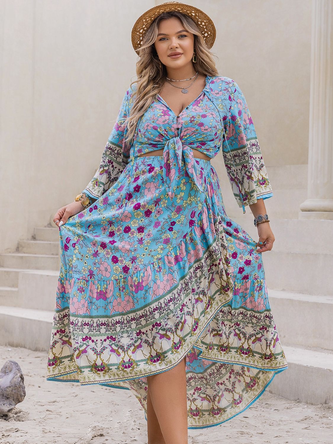 Plus Size Printed Tie Neck Top and Skirt Set - ships from supplier in approximately 10 business days