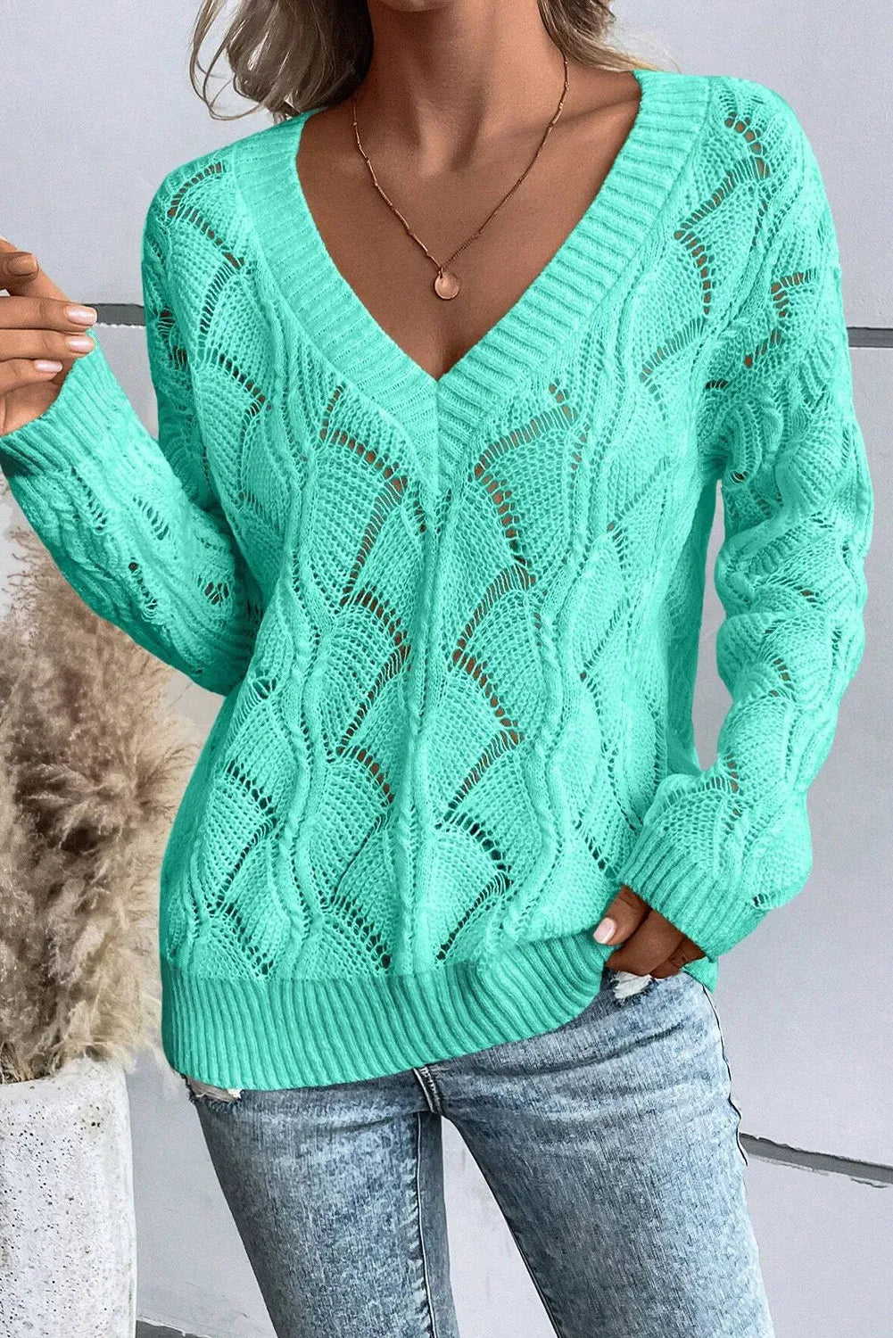 Openwork V-Neck Long Sleeve Sweater - ships from supplier in approximately 10 business days