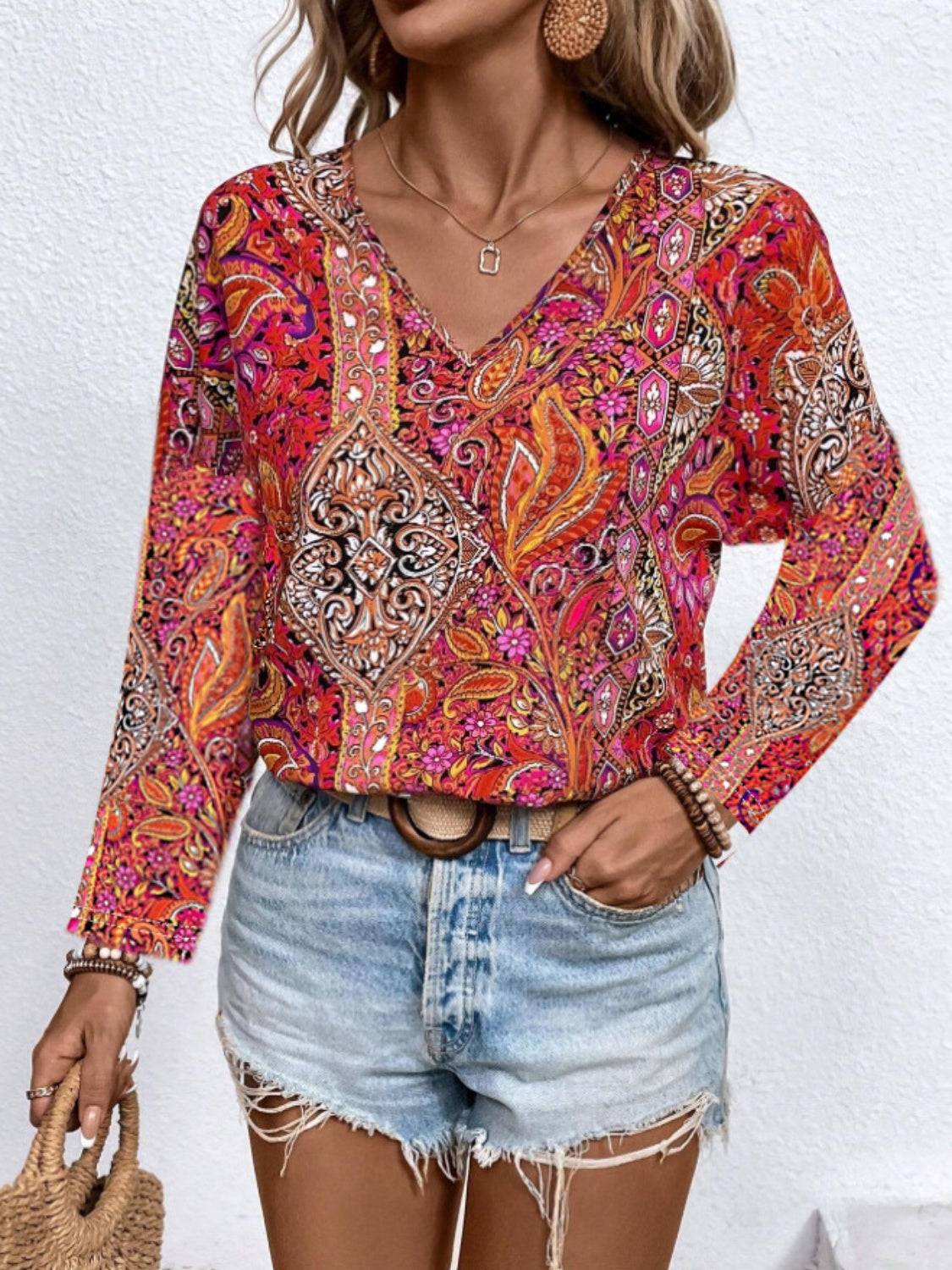 Printed V-Neck Long Sleeve Blouse - ships from supplier in approximately 10 business days