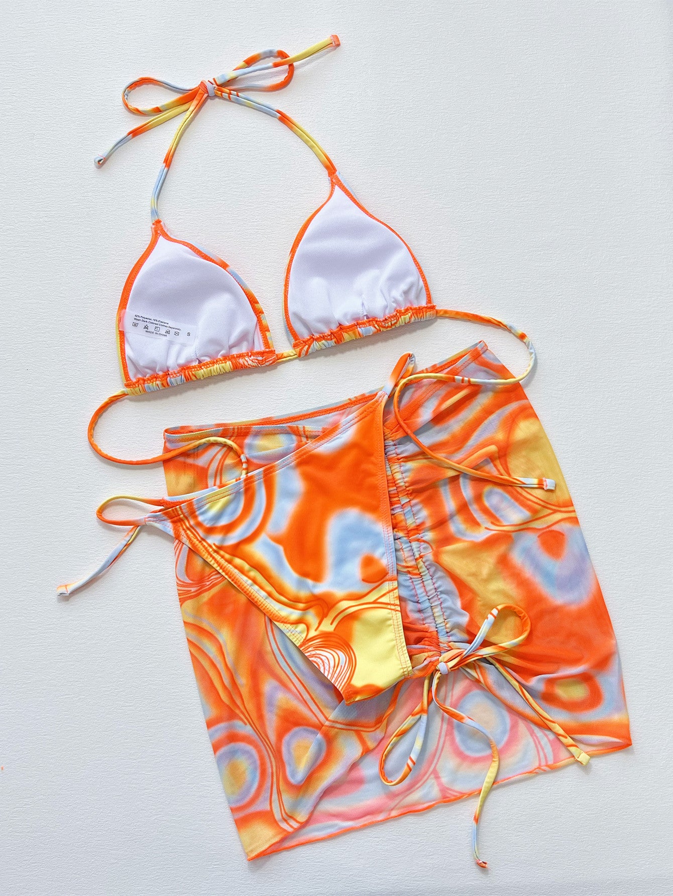 Multicolored Drawstring Ruched Three-Piece Swim Set - ships from supplier in approximately 10 business days