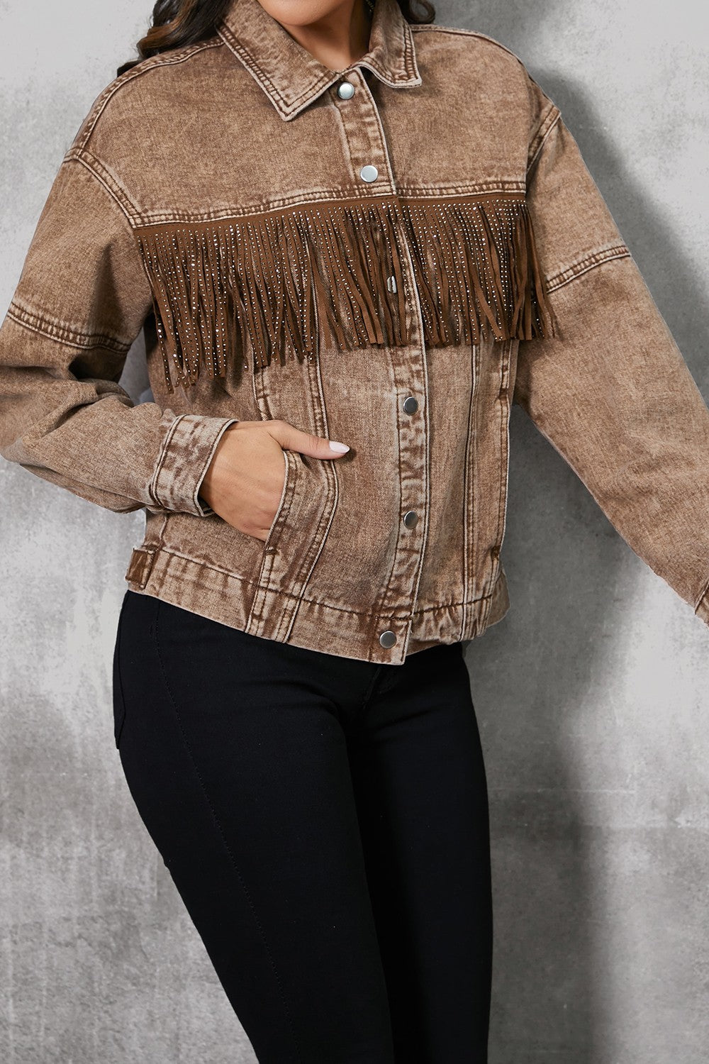 Fringe Trim Snap Down Denim Jacket - ships from supplier in approximately 10 business days