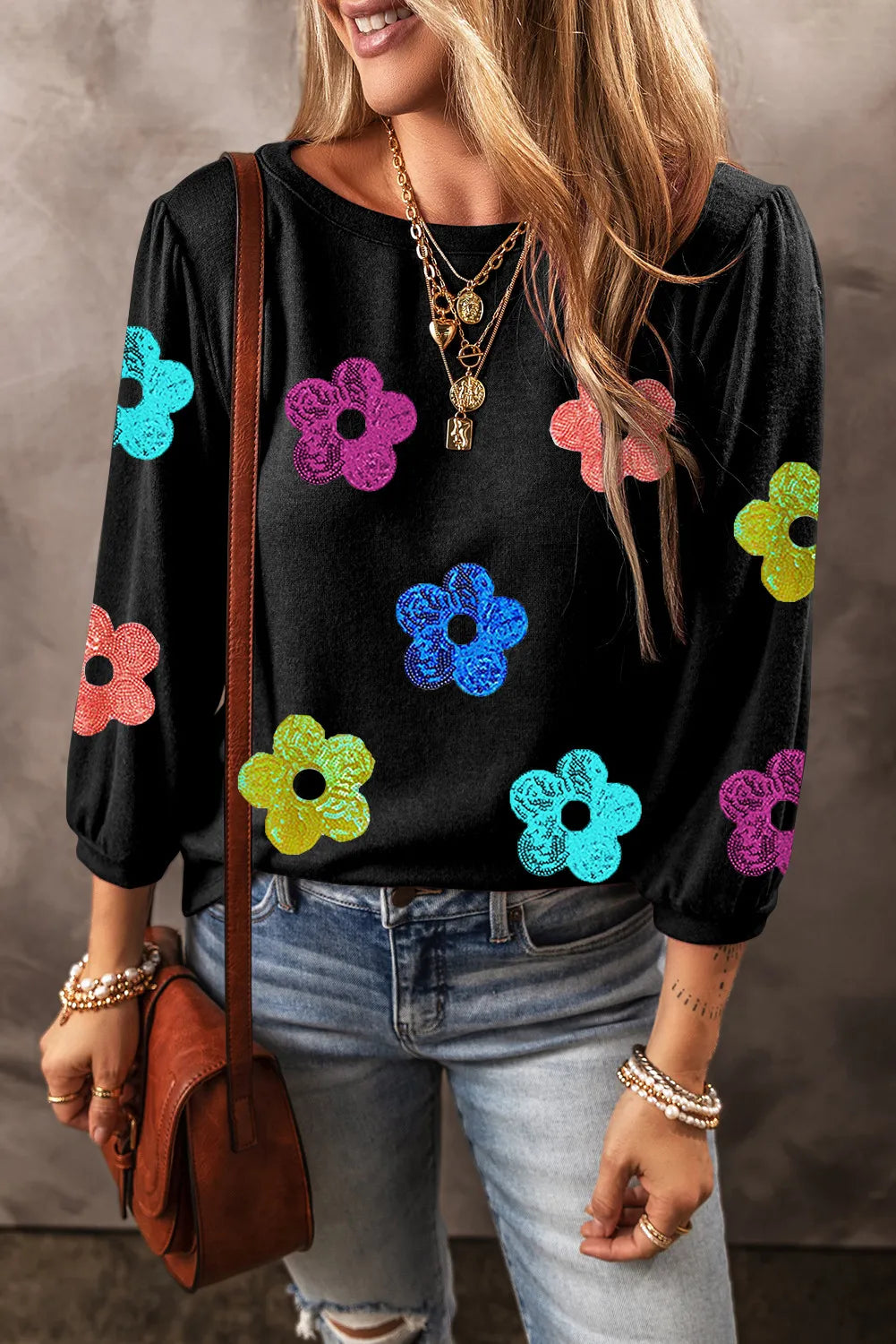 Sequin Flower Round Neck Blouse - ships from supplier in approximately 10 business days