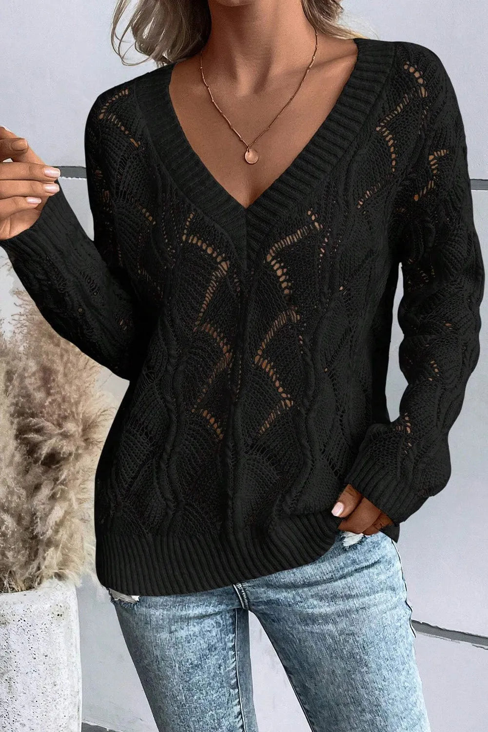 Openwork V-Neck Long Sleeve Sweater - ships from supplier in approximately 10 business days