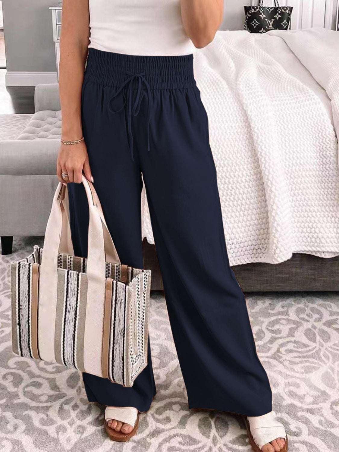 Full Size Drawstring High Waist Wide Leg Pants - ships from supplier in approximately 10 business days