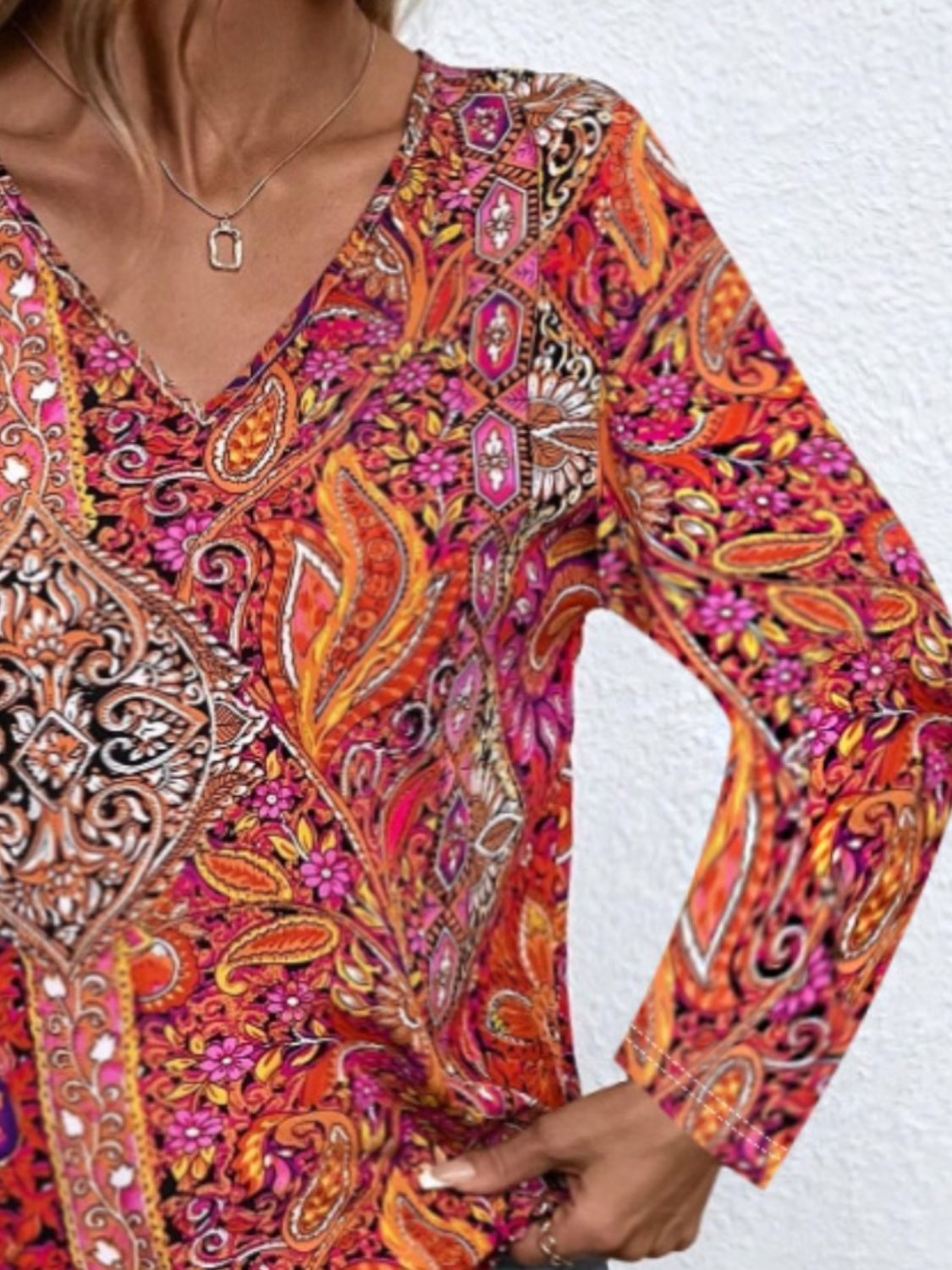 Printed V-Neck Long Sleeve Blouse - ships from supplier in approximately 10 business days