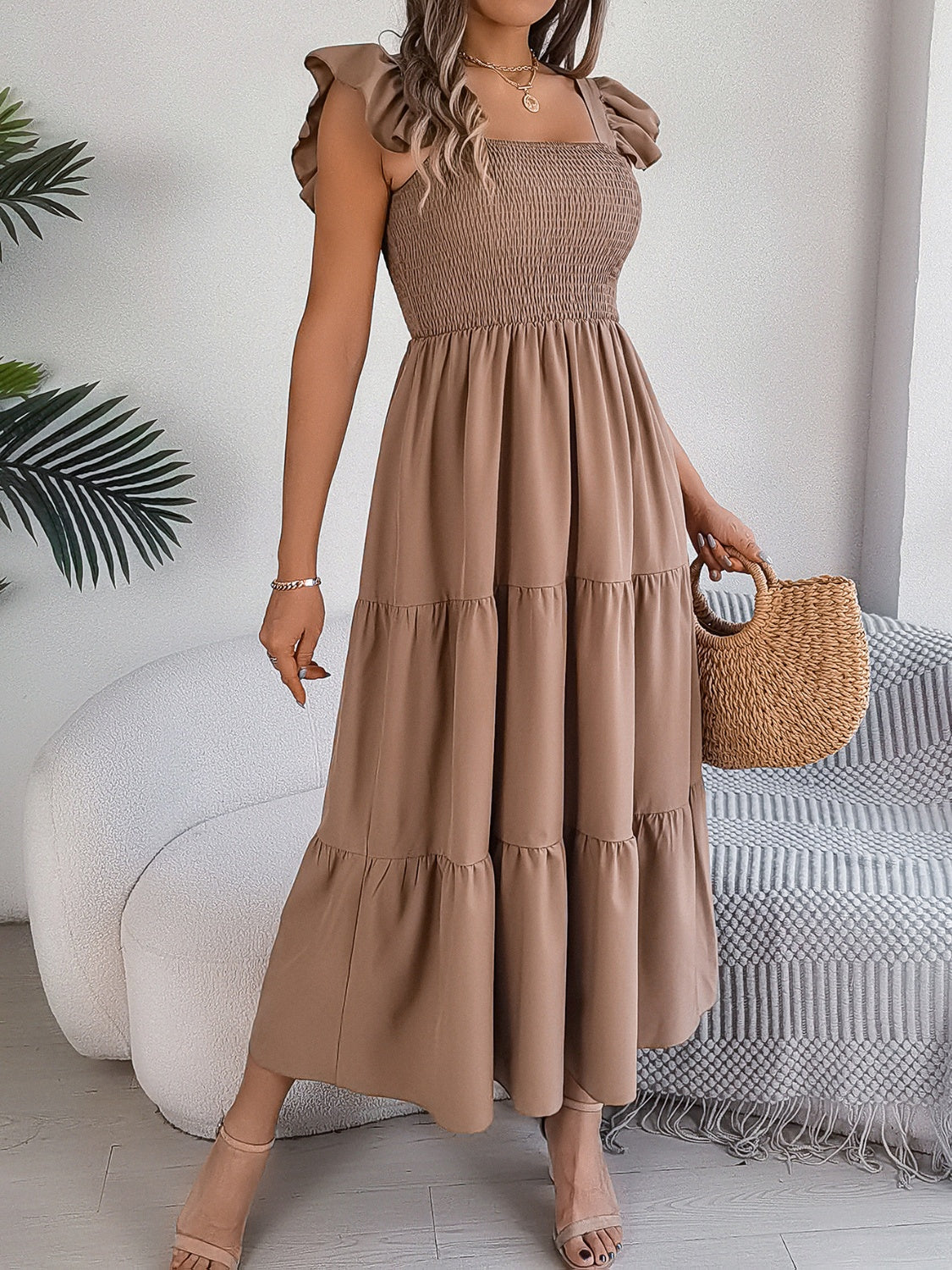 Smocked Square Neck Cap Sleeve Midi Dress - ships from supplier in approximately 10 business days