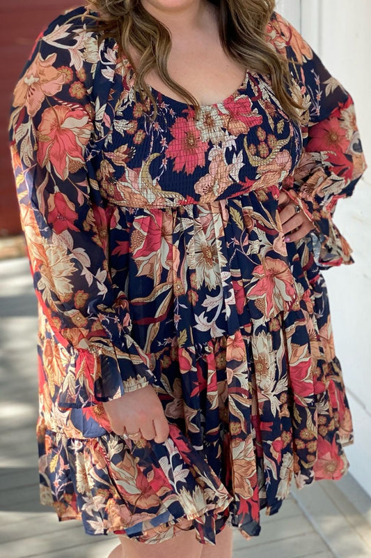 Plus Size Smocked Printed Long Sleeve Dress - ships from supplier in approximately 10 business days