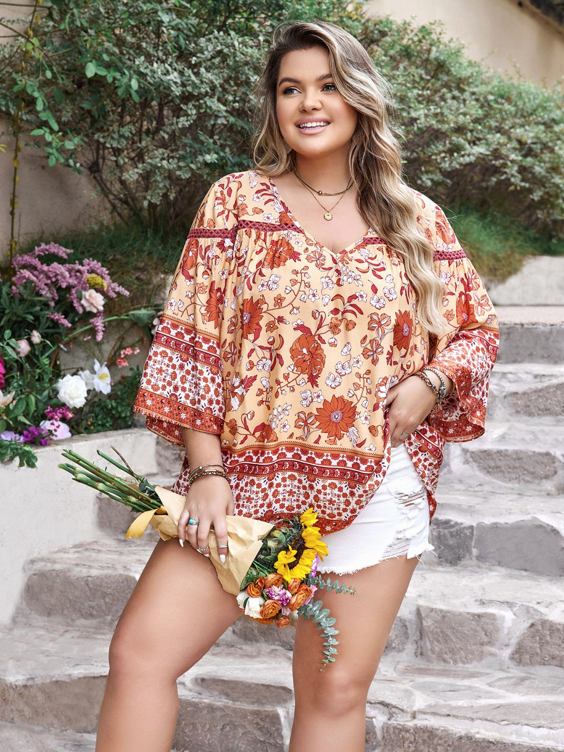 Plus Size Printed V-Neck Three-Quarter Sleeve Blouse - ships from supplier in approximately 10 business days