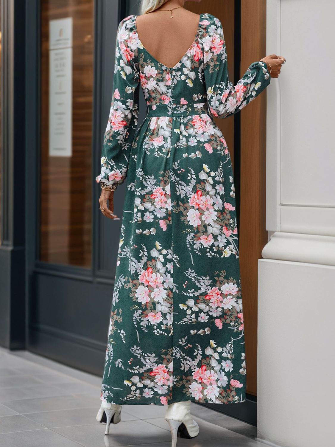 Slit Printed Surplice Long Sleeve Maxi Dress - ships from supplier in approximately 10 business days