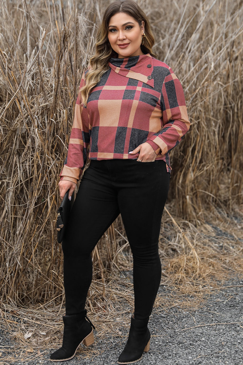 Plus Size Plaid Cowl Neck Long Sleeve Sweatshirt - ships from supplier in approximately 10 business days