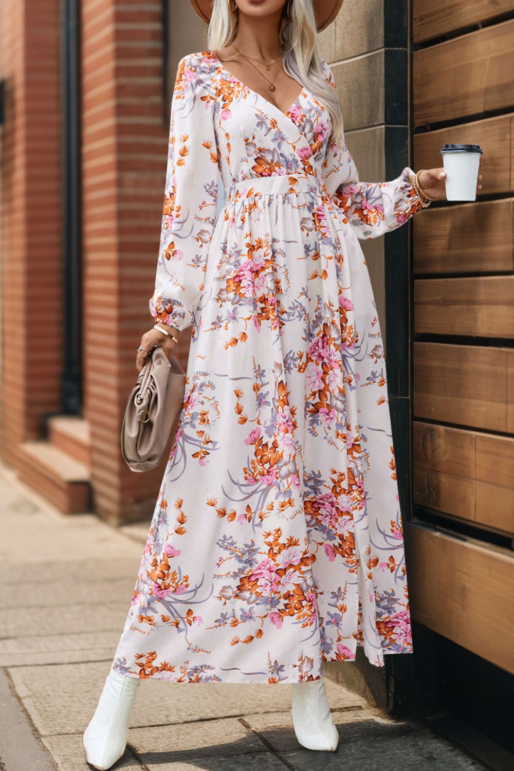 Slit Printed Surplice Long Sleeve Maxi Dress - ships from supplier in approximately 10 business days