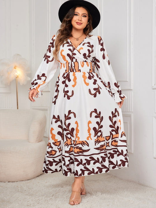 Plus Size Printed Surplice Flounce Sleeve Dress - ships from supplier in approximately 10 business days