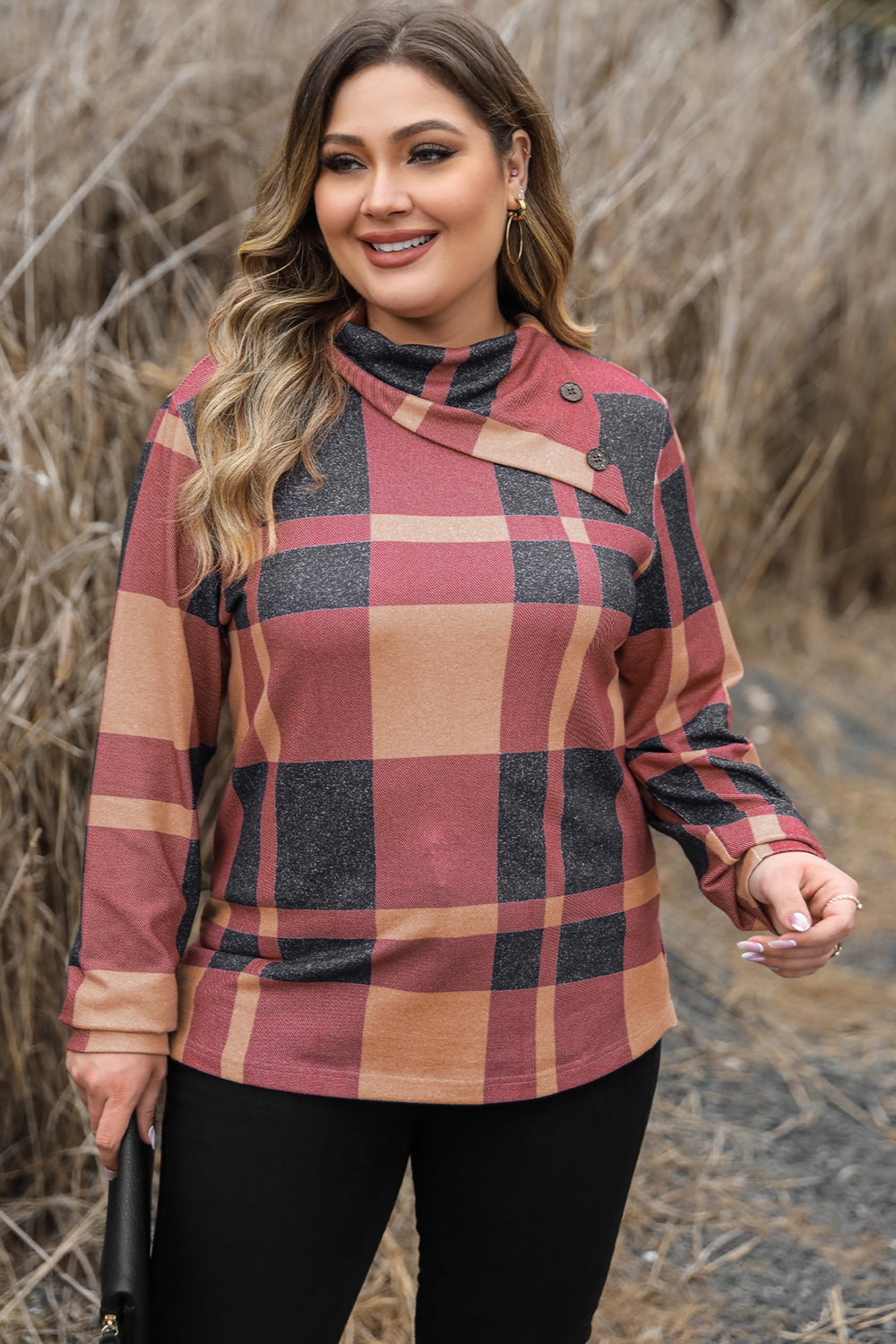 Plus Size Plaid Cowl Neck Long Sleeve Sweatshirt - ships from supplier in approximately 10 business days