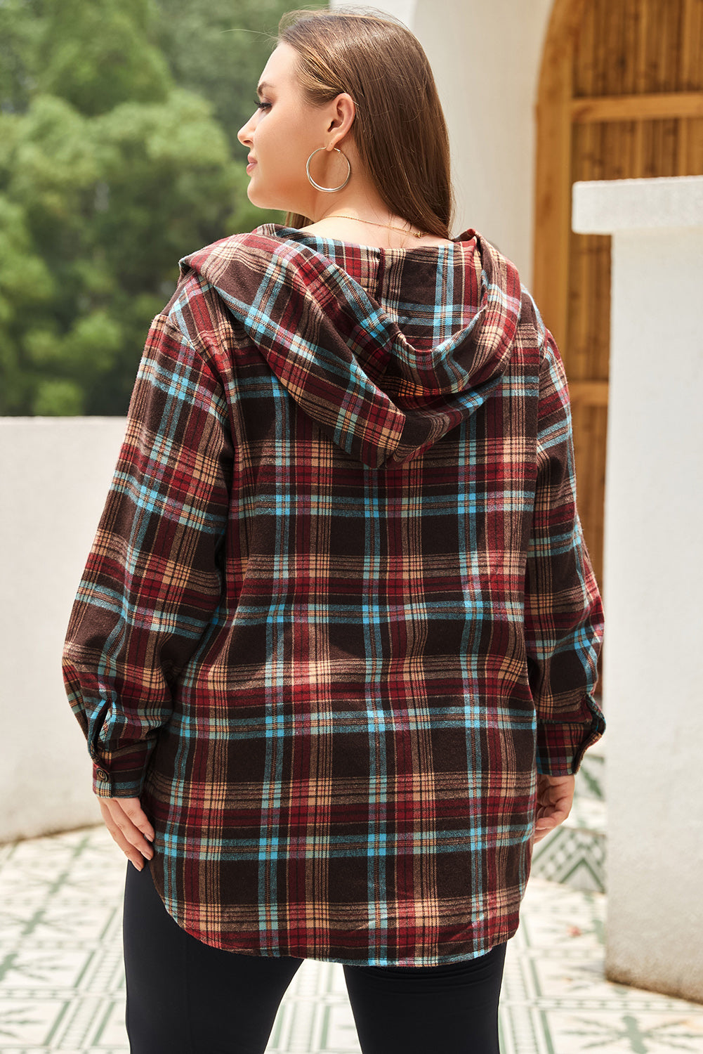 Plus Size Drawstring Plaid Quarter Button Hoodie - ships from supplier in approximately 10 business days