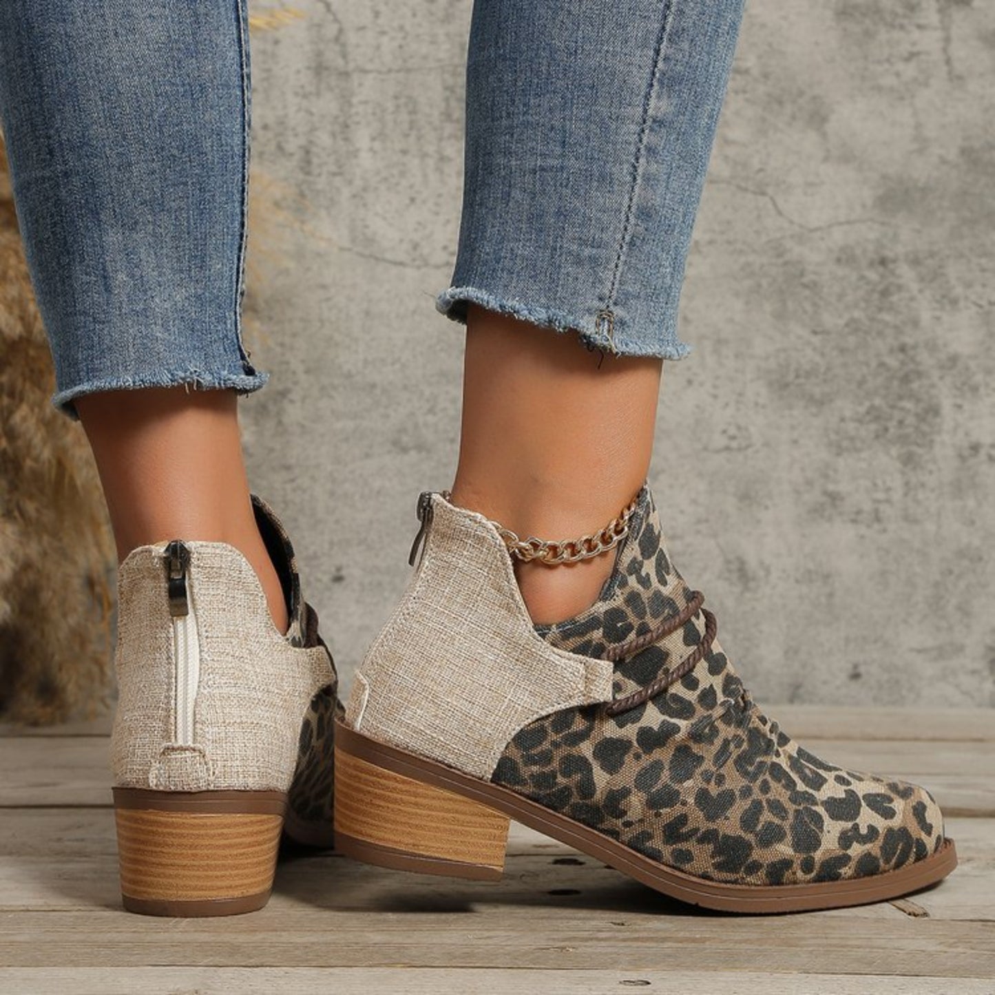 Contrast Canvas Low Heel Boots - ships from supplier in approximately 10 business days