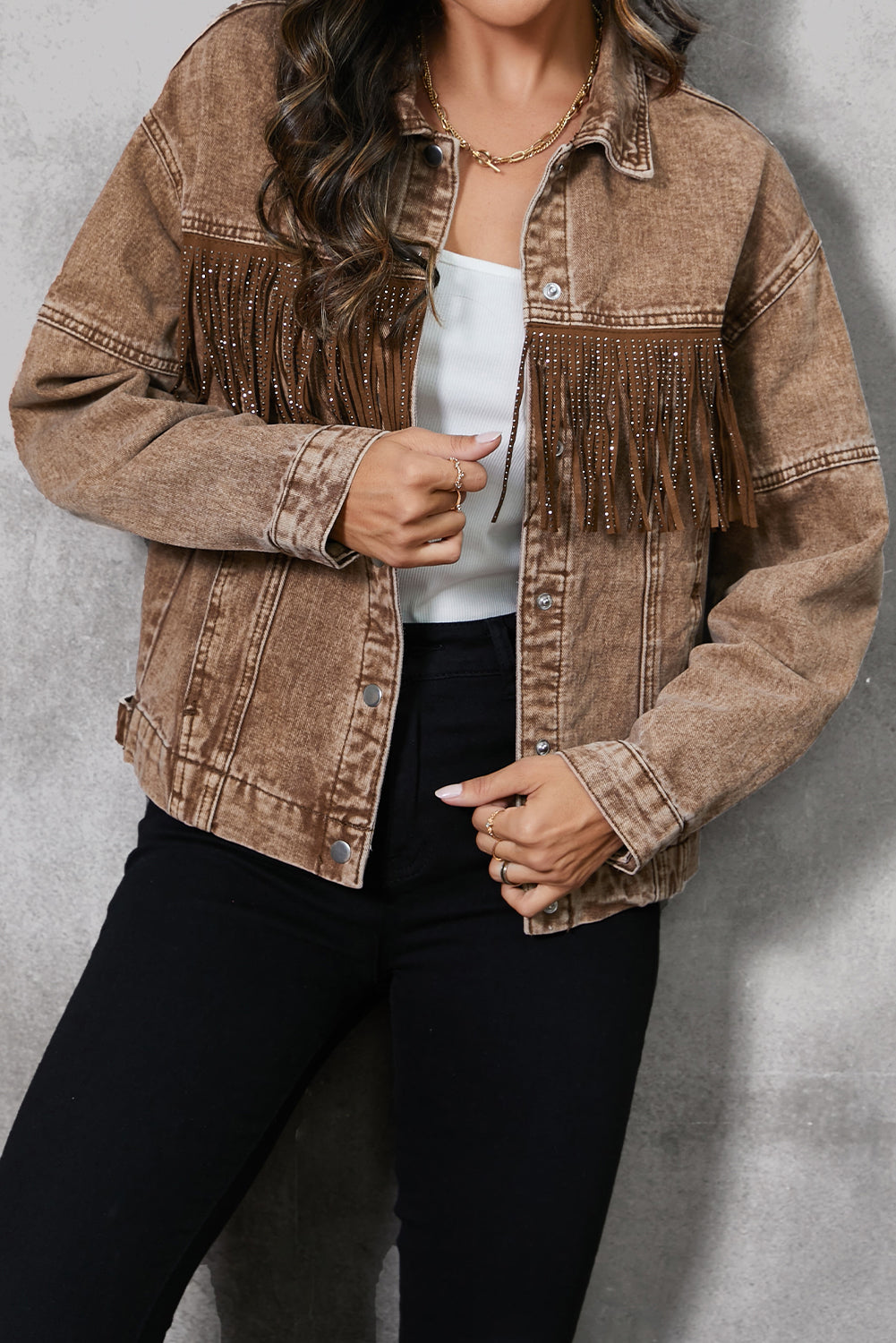 Fringe Trim Snap Down Denim Jacket - ships from supplier in approximately 10 business days