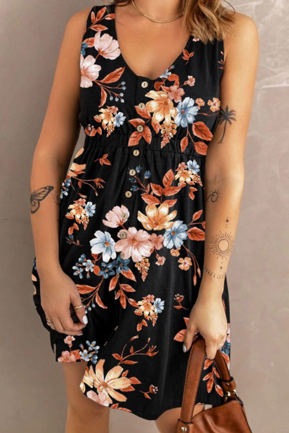 Double Take Printed Scoop Neck Sleeveless Buttoned Magic Dress with Pockets - ships from supplier in approximately 10 business days