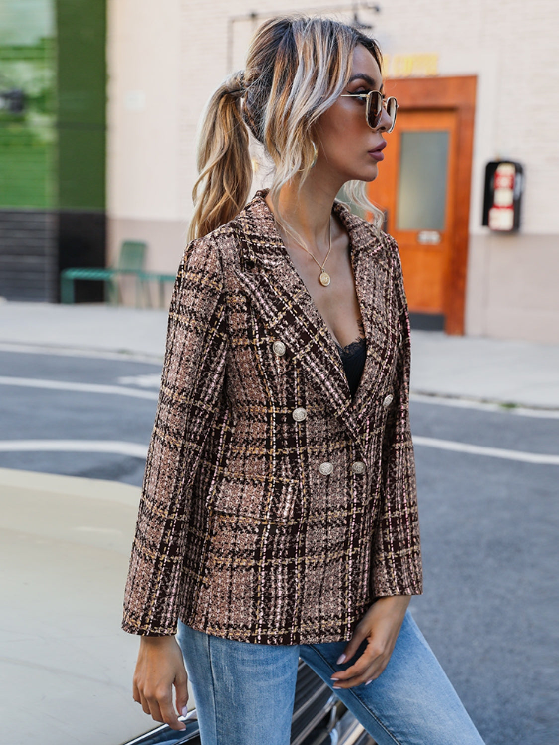 Full Size Plaid Lapel Collar Blazer - ships from supplier in approximately 10 business days