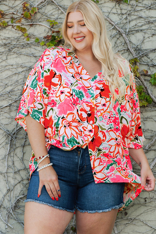 Plus Size Floral V-Neck Half Sleeve Shirt - ships from supplier in approximately 10 business days