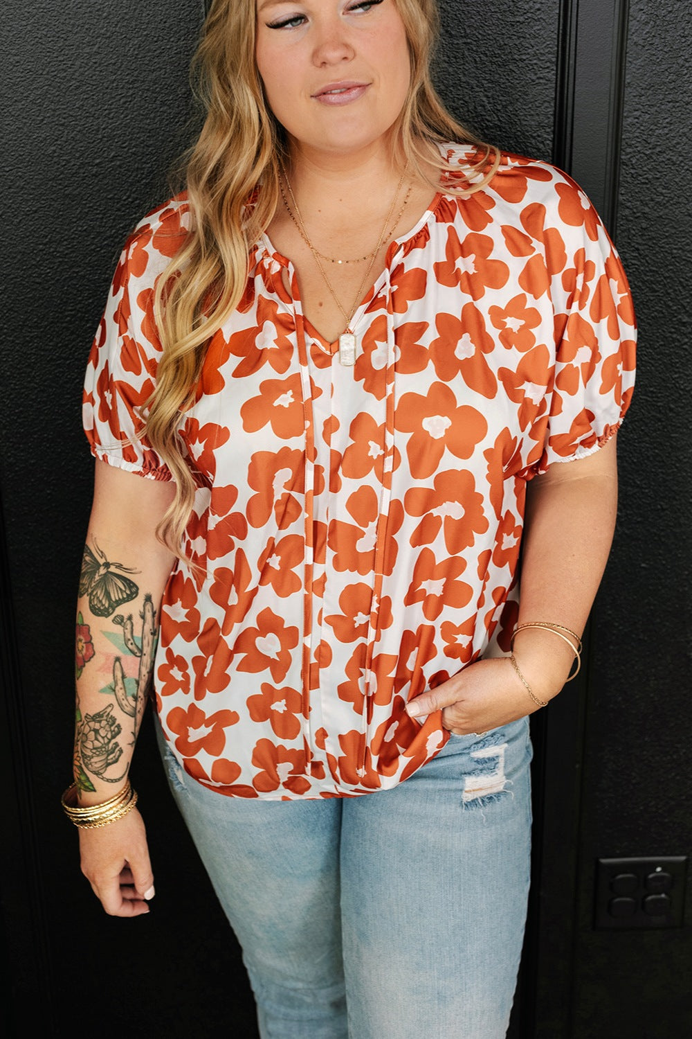 Plus Size Printed Tie Neck Short Sleeve Blouse - ships from supplier in approximately 10 business days