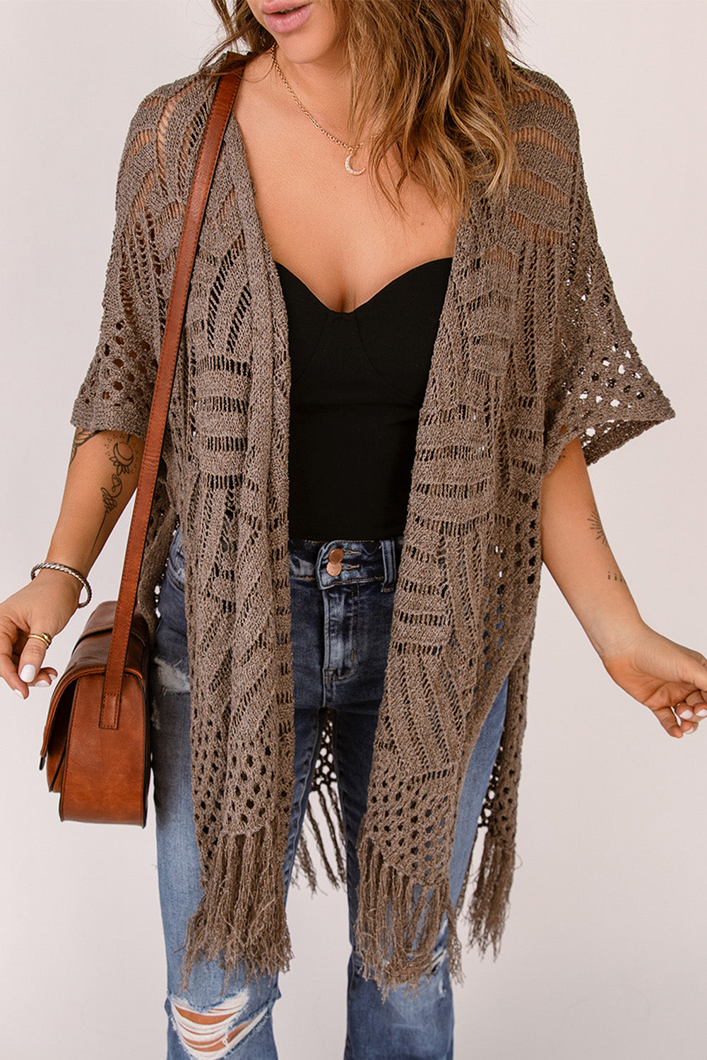 Fringe Hem Slit Open Front Cardigan - ships from supplier in approximately 10 business days