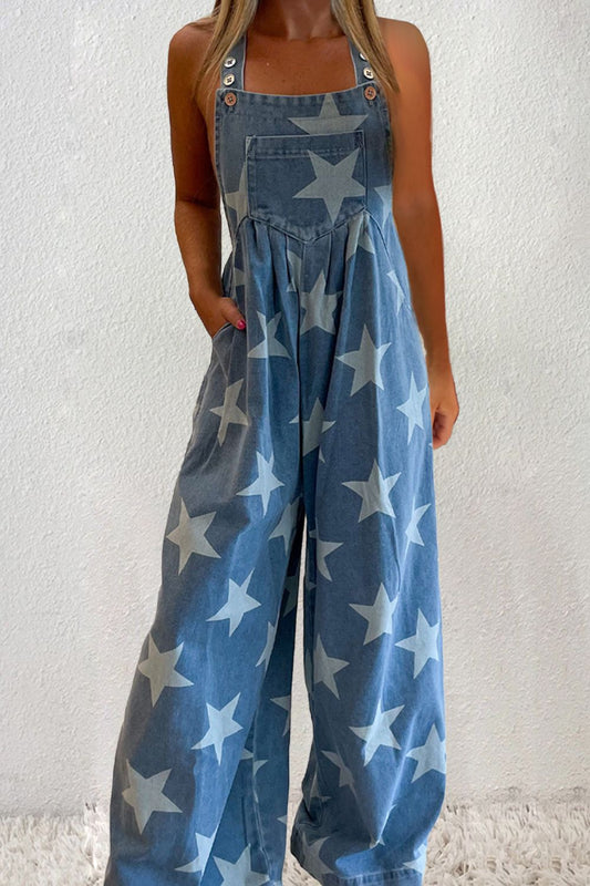 Star Square Neck Wide Leg Denim Overalls - ships from supplier in approximately 10 business days