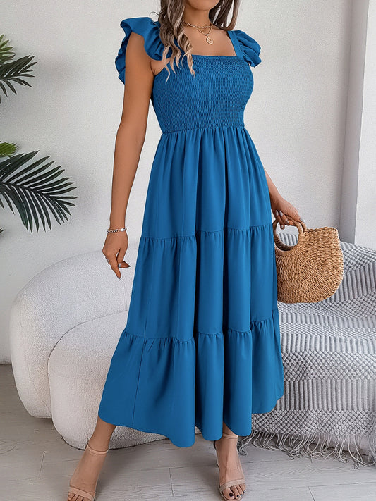 Smocked Square Neck Cap Sleeve Midi Dress - ships from supplier in approximately 10 business days