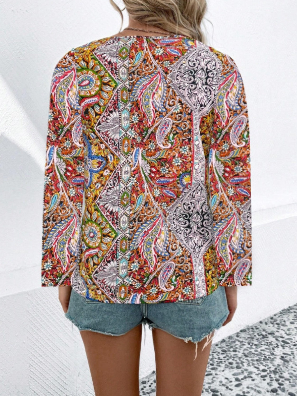 Printed V-Neck Long Sleeve Blouse - ships from supplier in approximately 10 business days