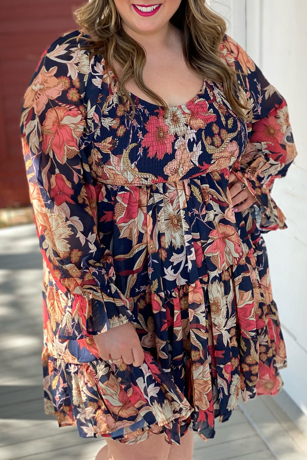 Plus Size Smocked Printed Long Sleeve Dress - ships from supplier in approximately 10 business days