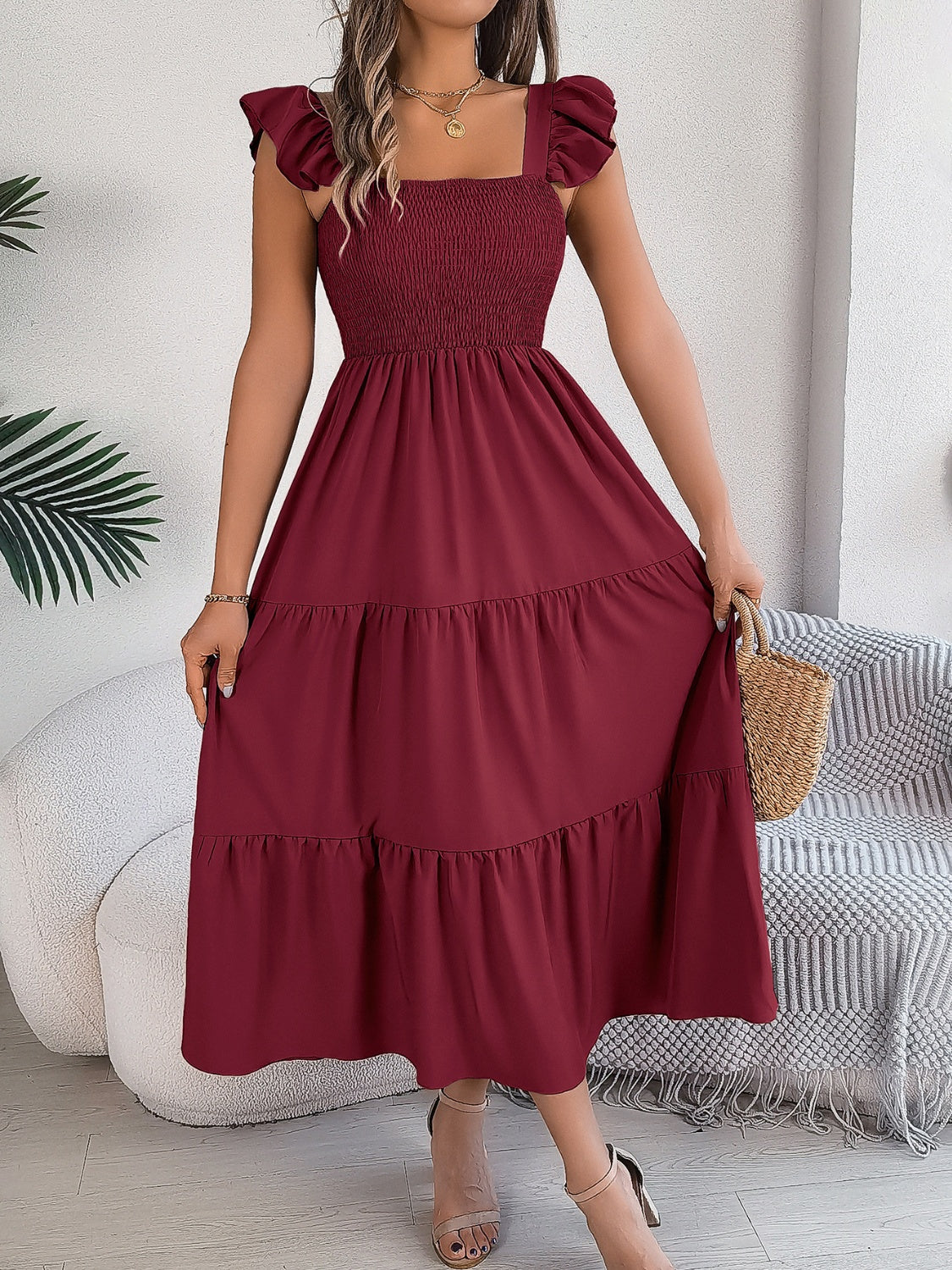 Smocked Square Neck Cap Sleeve Midi Dress - ships from supplier in approximately 10 business days