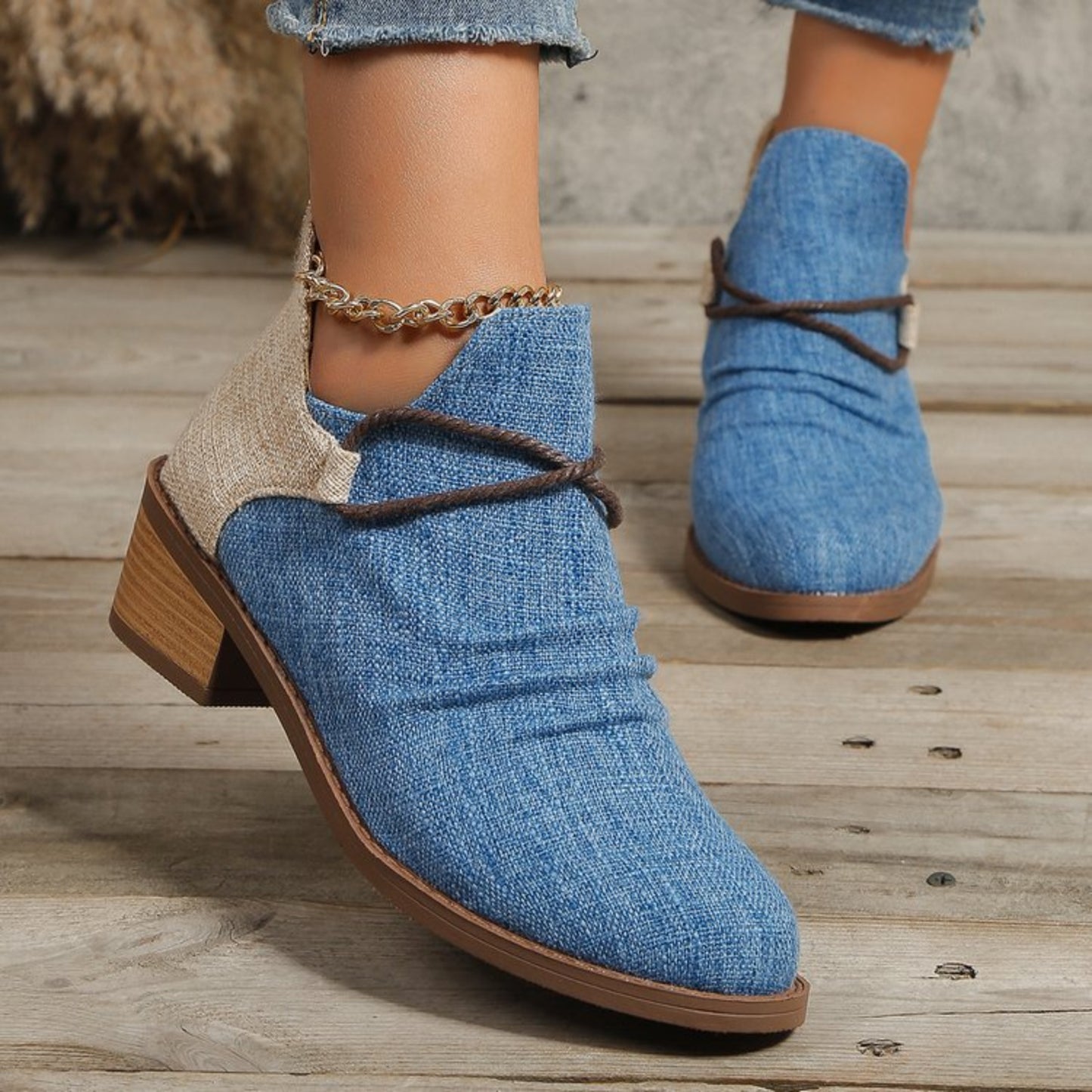 Contrast Canvas Low Heel Boots - ships from supplier in approximately 10 business days