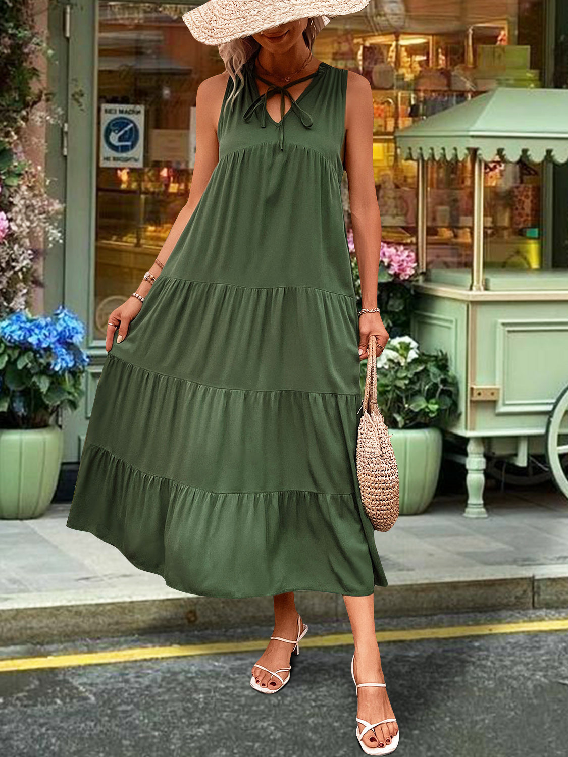 Tiered Tie Neck  Midi Dress  - ships from supplier in approximately 10 business days